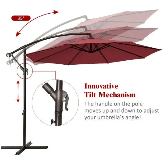 10 Ft Patio Offset Hanging Umbrella with Easy Tilt Adjustment-Burgundy