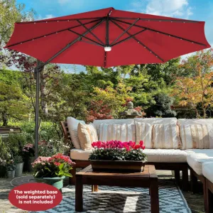 10FT Cantilever Solar Umbrella 28LED Lighted Patio Offset Tilt 360° for Outdoor-Red