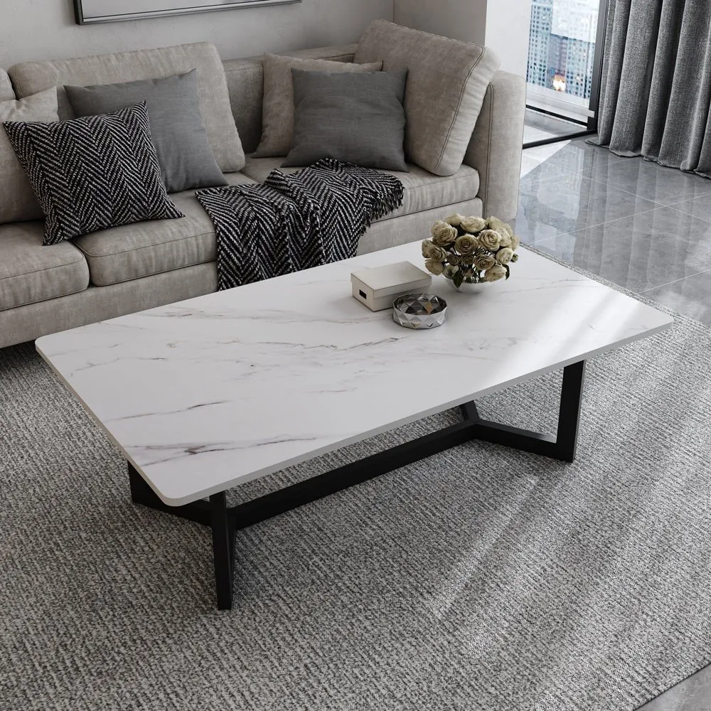 120x60cm Minimalist Slate Coffee Table Marble Tea Table Living Room Rectangle Cocktail Side Table Solid Metal Legs