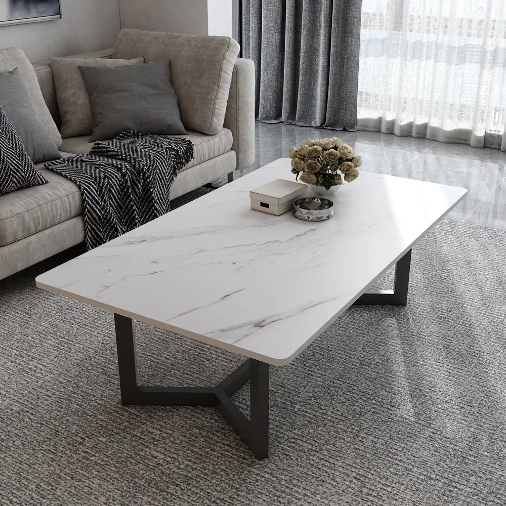 120x60cm Minimalist Slate Coffee Table Marble Tea Table Living Room Rectangle Cocktail Side Table Solid Metal Legs