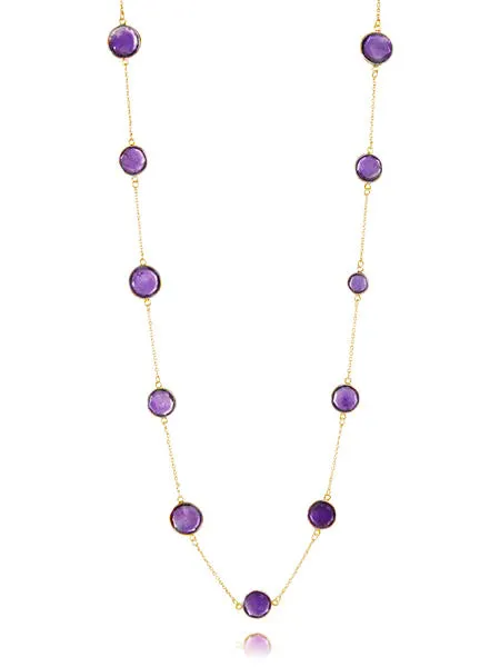 18K Gold Plated Faceted 17 Stone Capri Long Necklace Amethyst