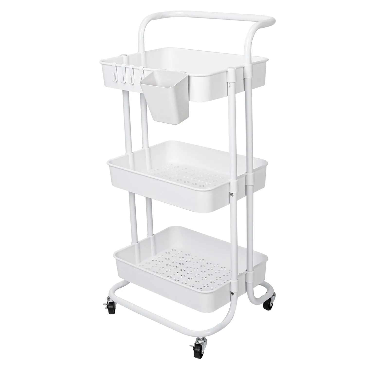 3 Tier Rolling Utility Cart Movable Storage Organizer with Mesh Baskets Lockable Wheels 360 Degree Rotatable Hanging Box Hooks Bedroom Bathroom Kitche