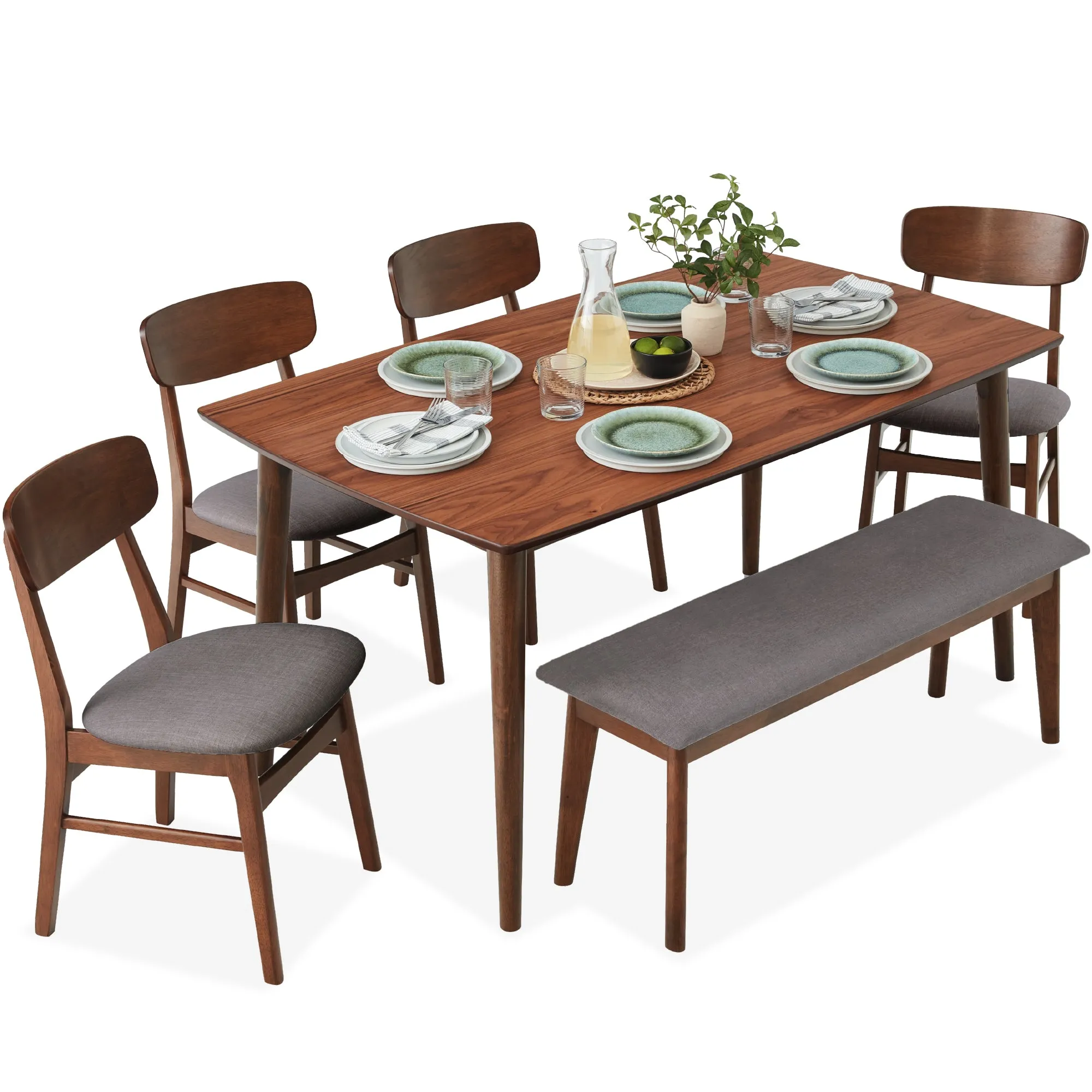 6-Piece Mid-Century Modern Upholstered Wooden Dining Set w/ 4 Chairs, Bench