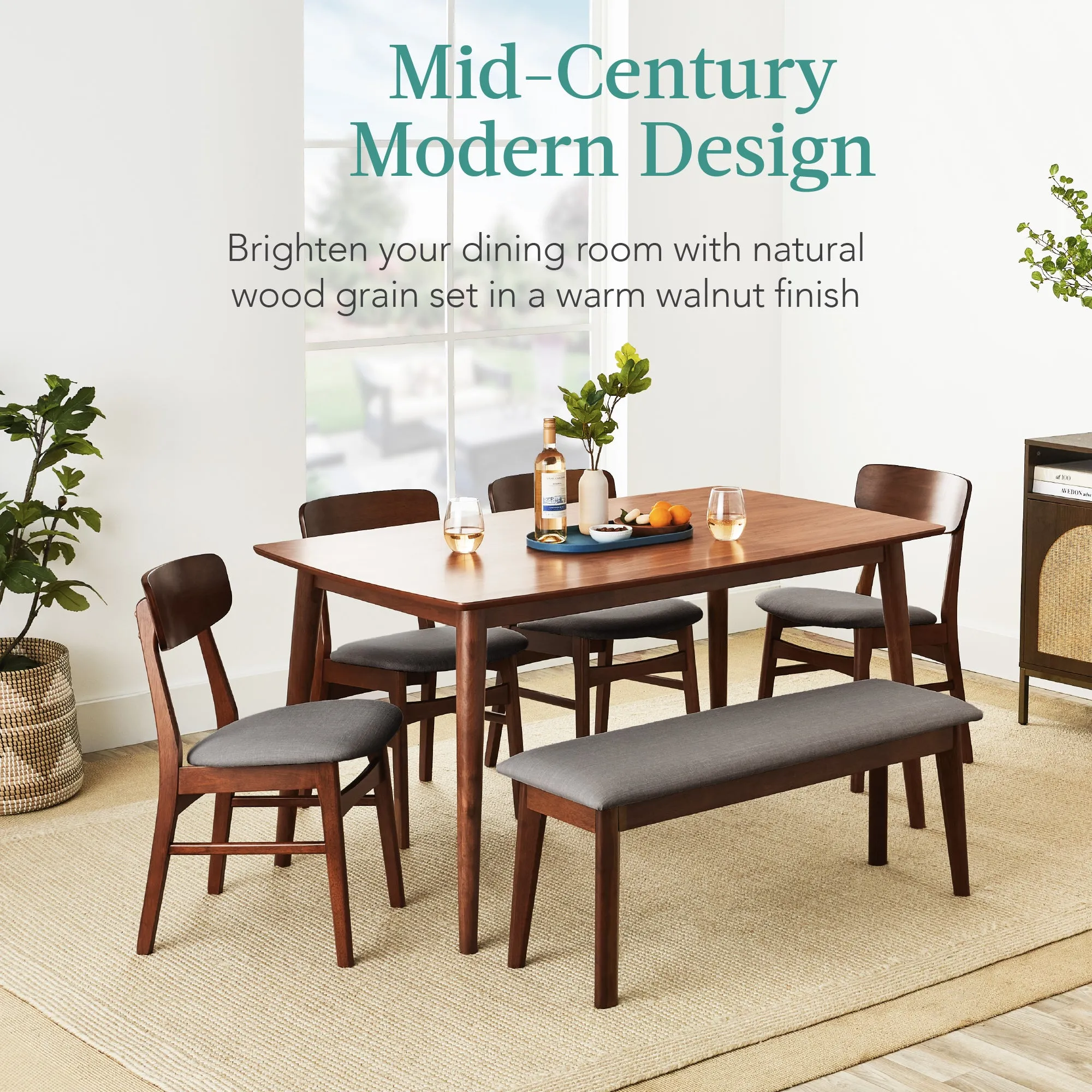 6-Piece Mid-Century Modern Upholstered Wooden Dining Set w/ 4 Chairs, Bench