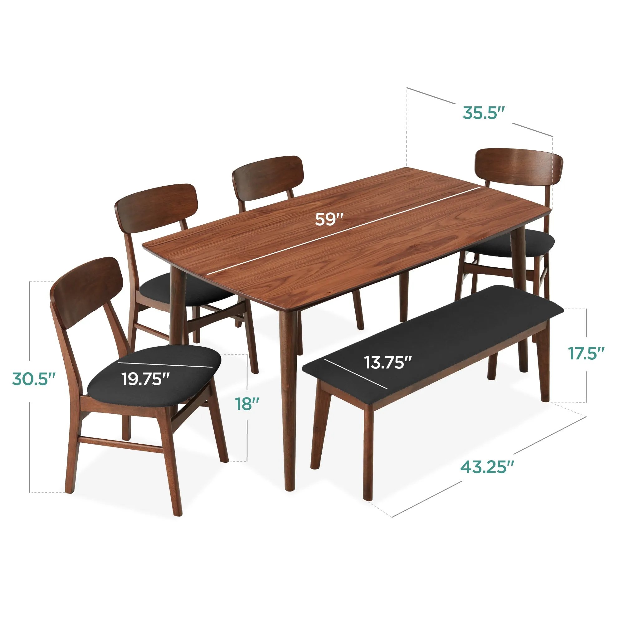 6-Piece Mid-Century Modern Upholstered Wooden Dining Set w/ 4 Chairs, Bench