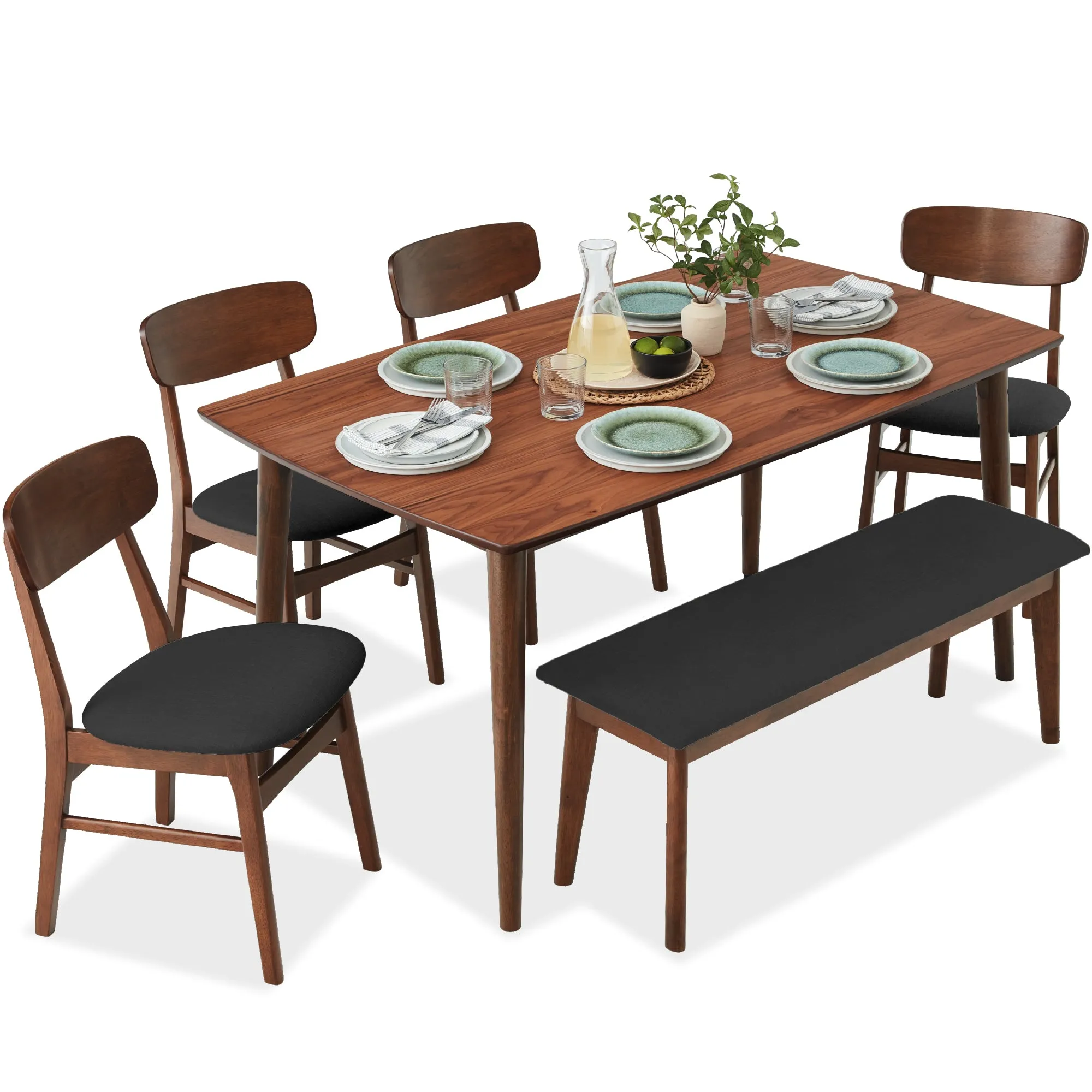 6-Piece Mid-Century Modern Upholstered Wooden Dining Set w/ 4 Chairs, Bench