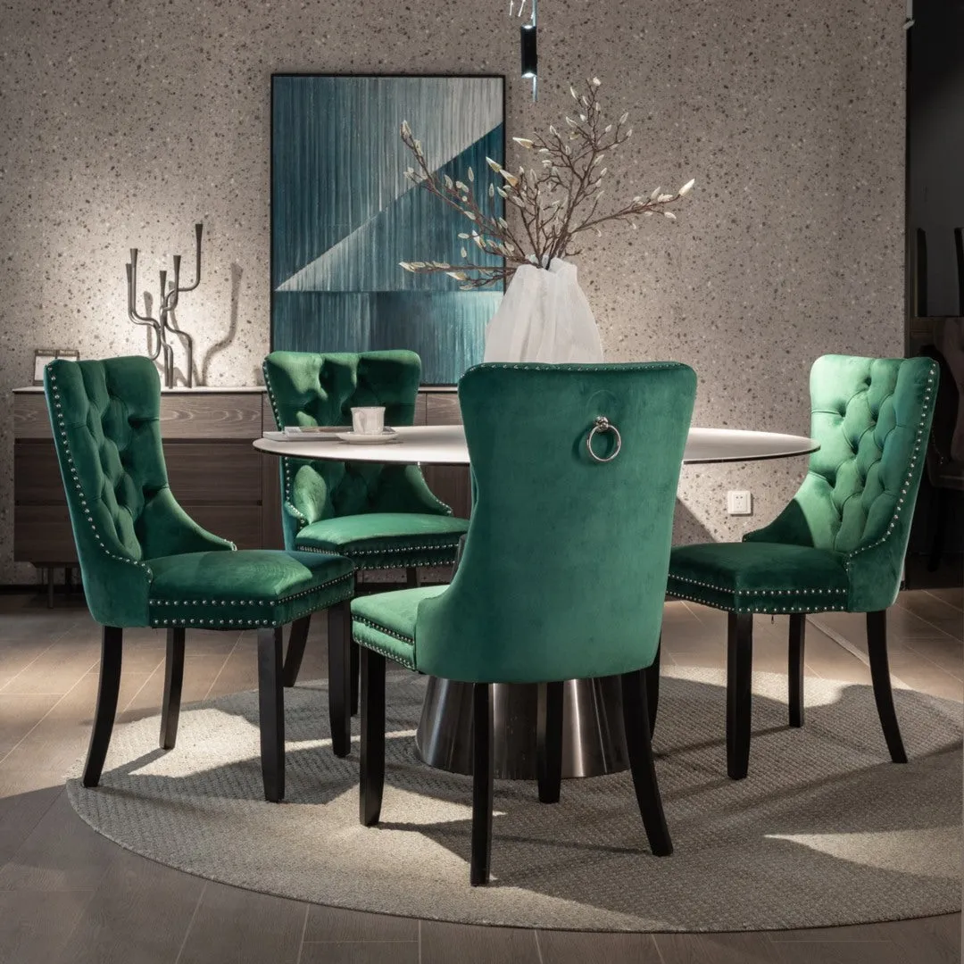 6x Green Velvet Dining Chairs, High Back, Wood Legs