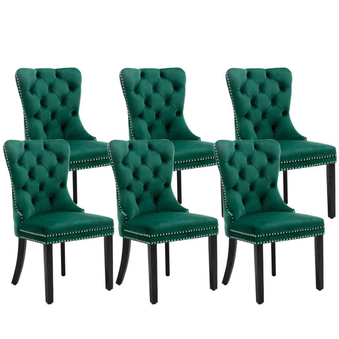 6x Green Velvet Dining Chairs, High Back, Wood Legs