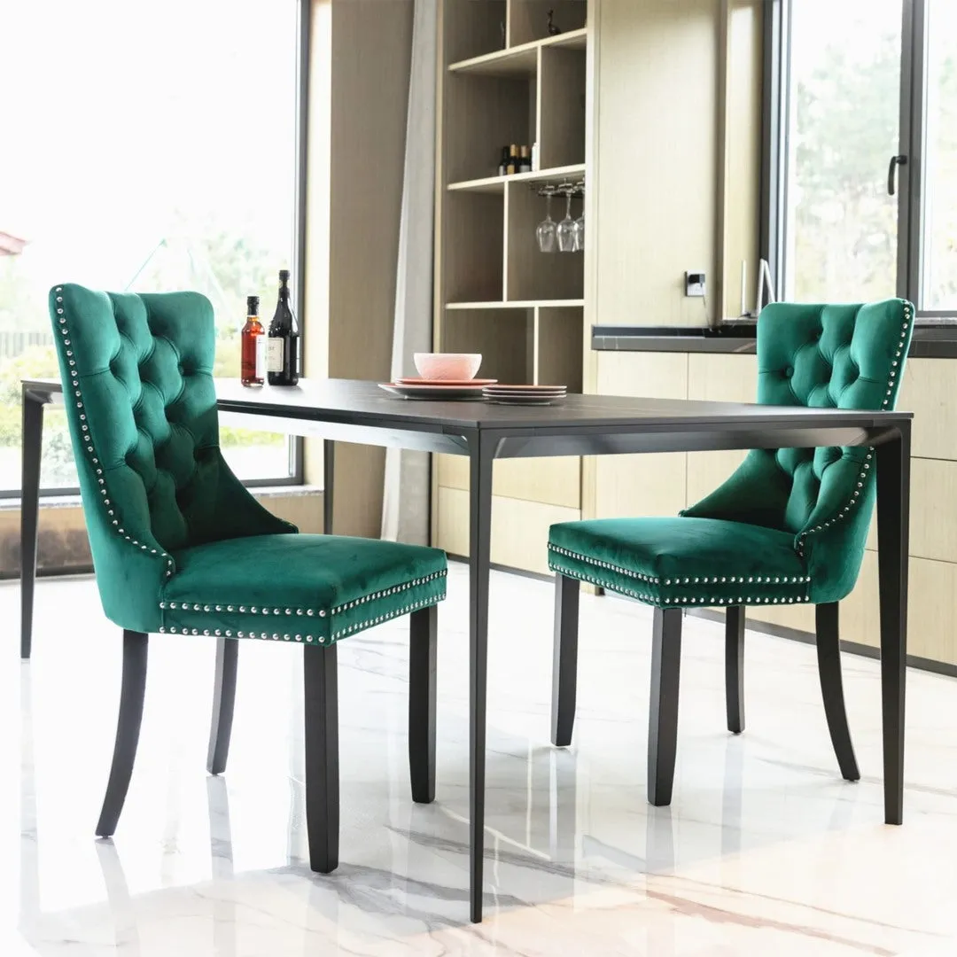 6x Green Velvet Dining Chairs, High Back, Wood Legs