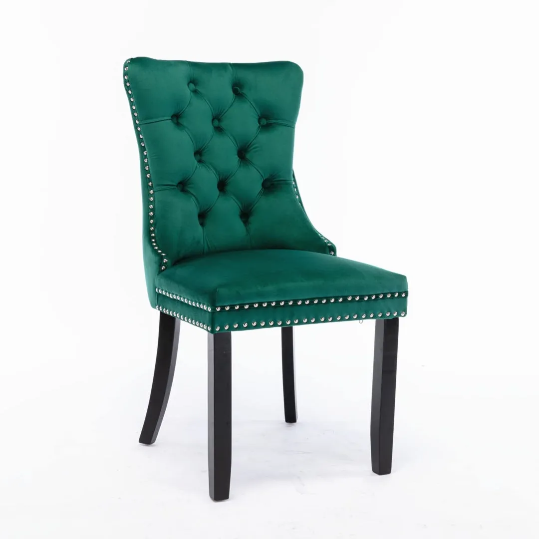 6x Green Velvet Dining Chairs, High Back, Wood Legs