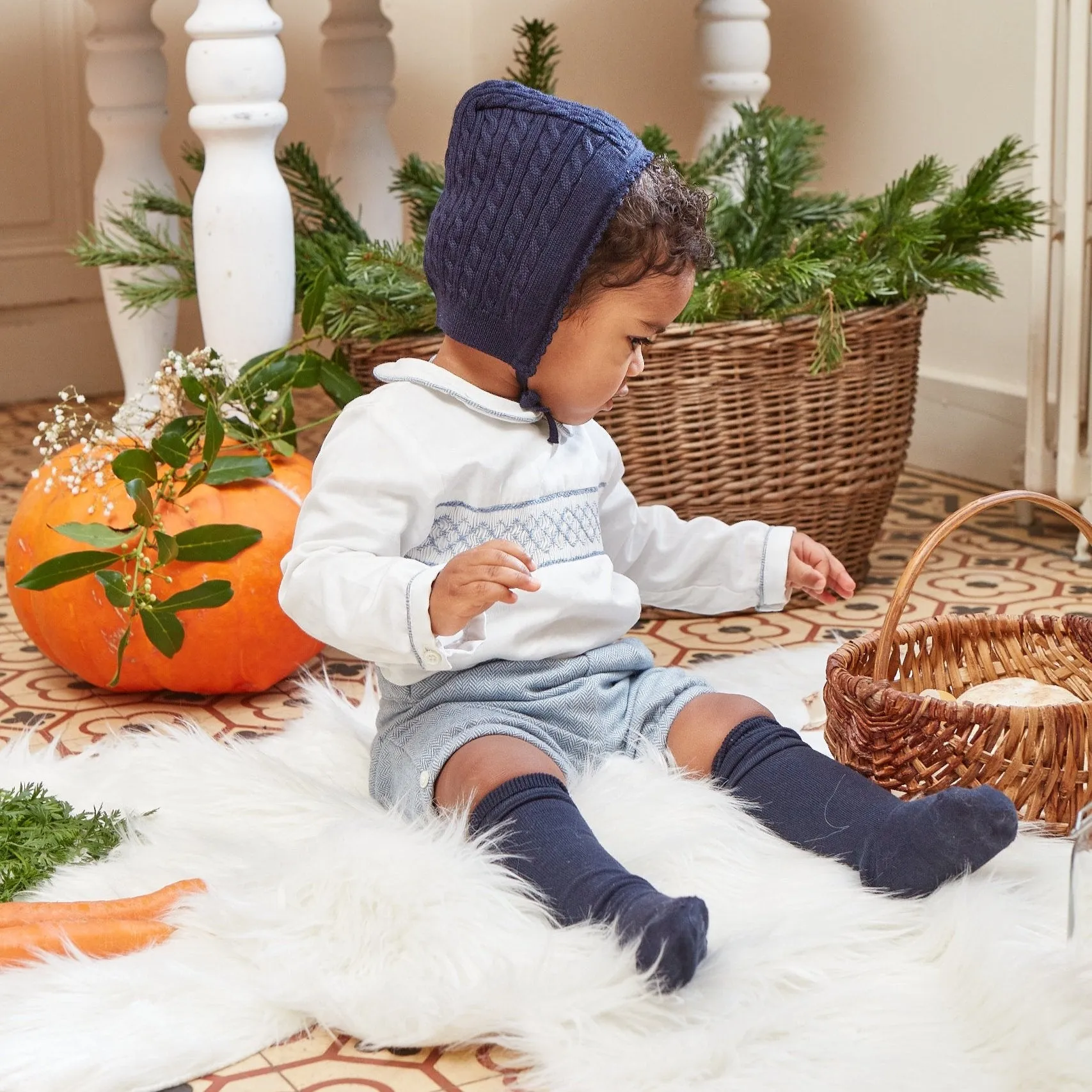 Barnabé Baby Boy Smocked Set in Light Blue Herringbone