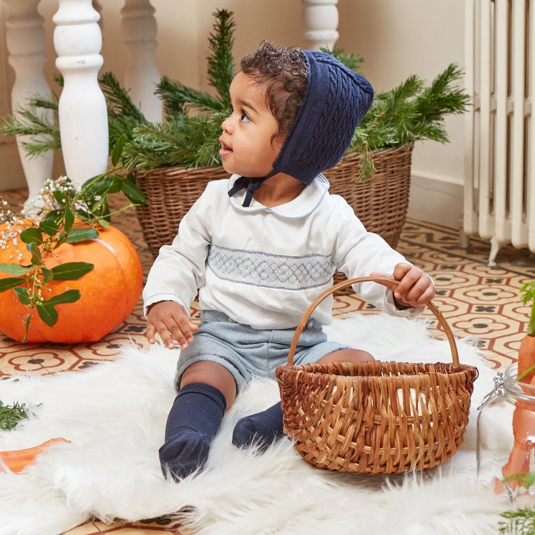 Barnabé Baby Boy Smocked Set in Light Blue Herringbone