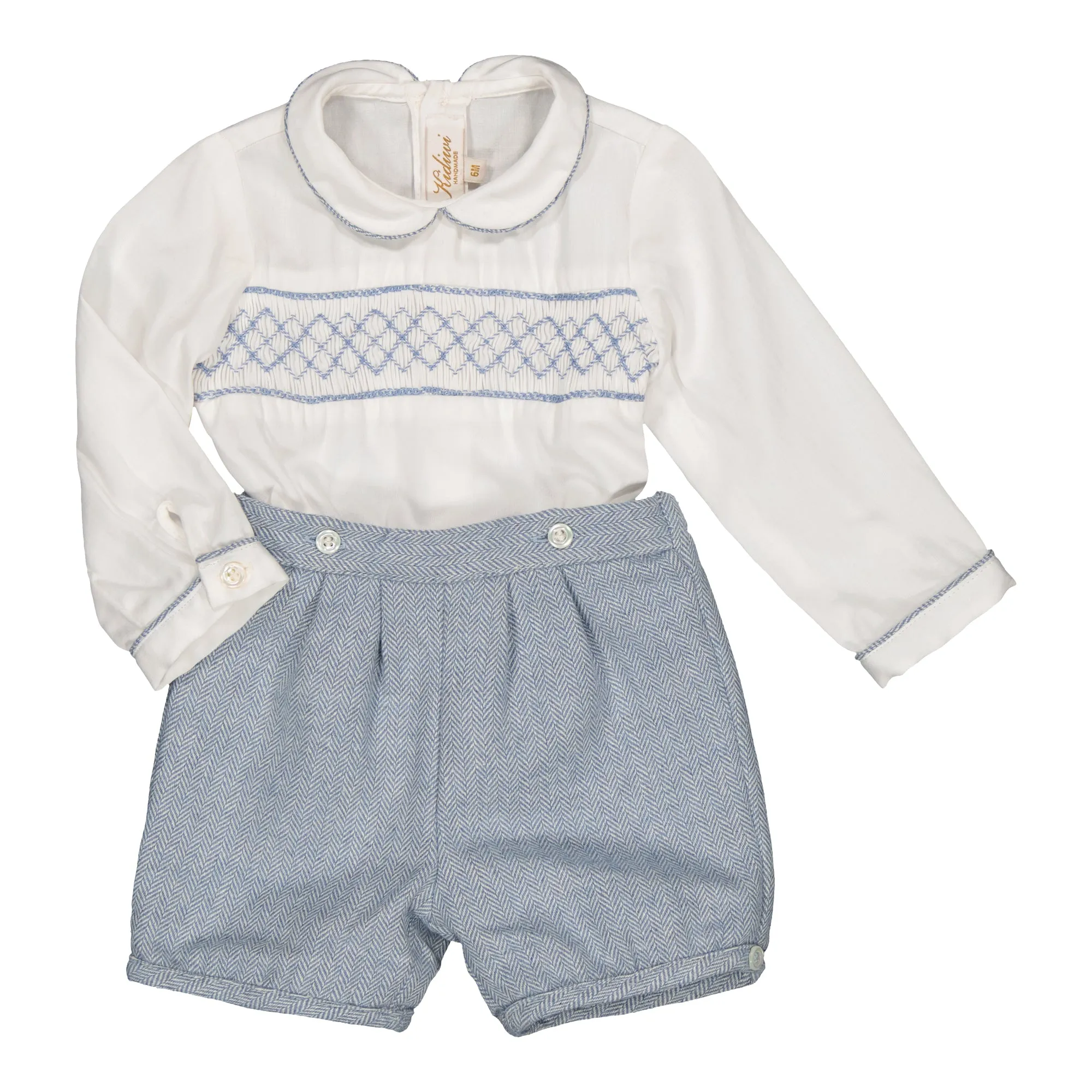 Barnabé Baby Boy Smocked Set in Light Blue Herringbone