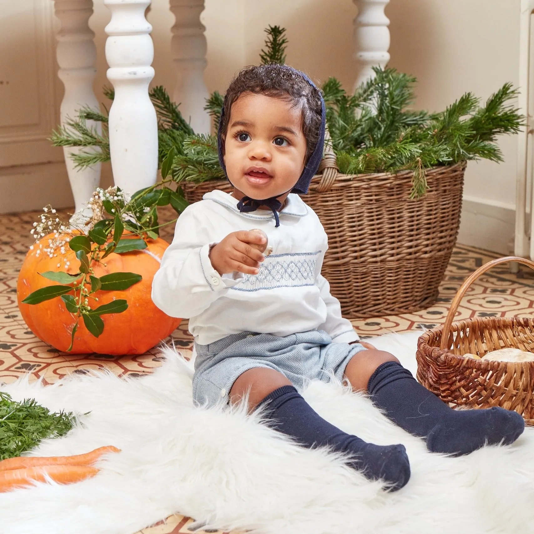 Barnabé Baby Boy Smocked Set in Light Blue Herringbone