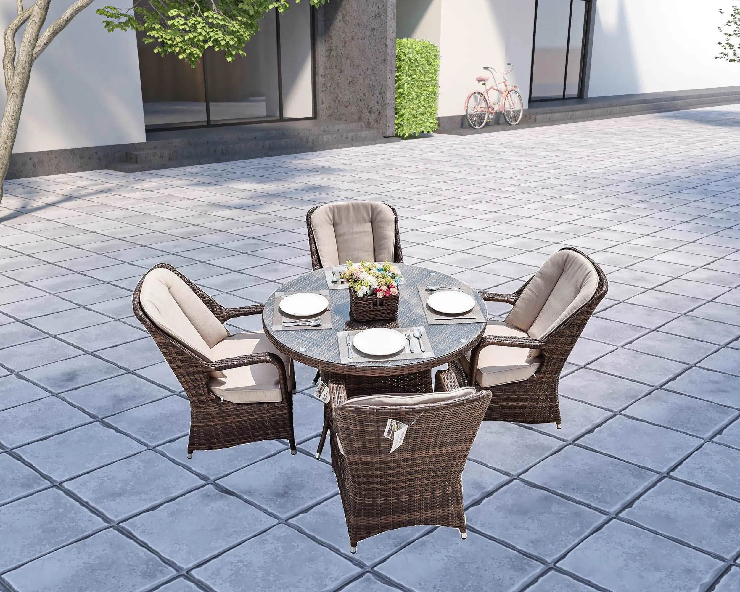 Bavaro 5-Piece Brown Wicker Round Outdoor Dining Set With Beige Cushions