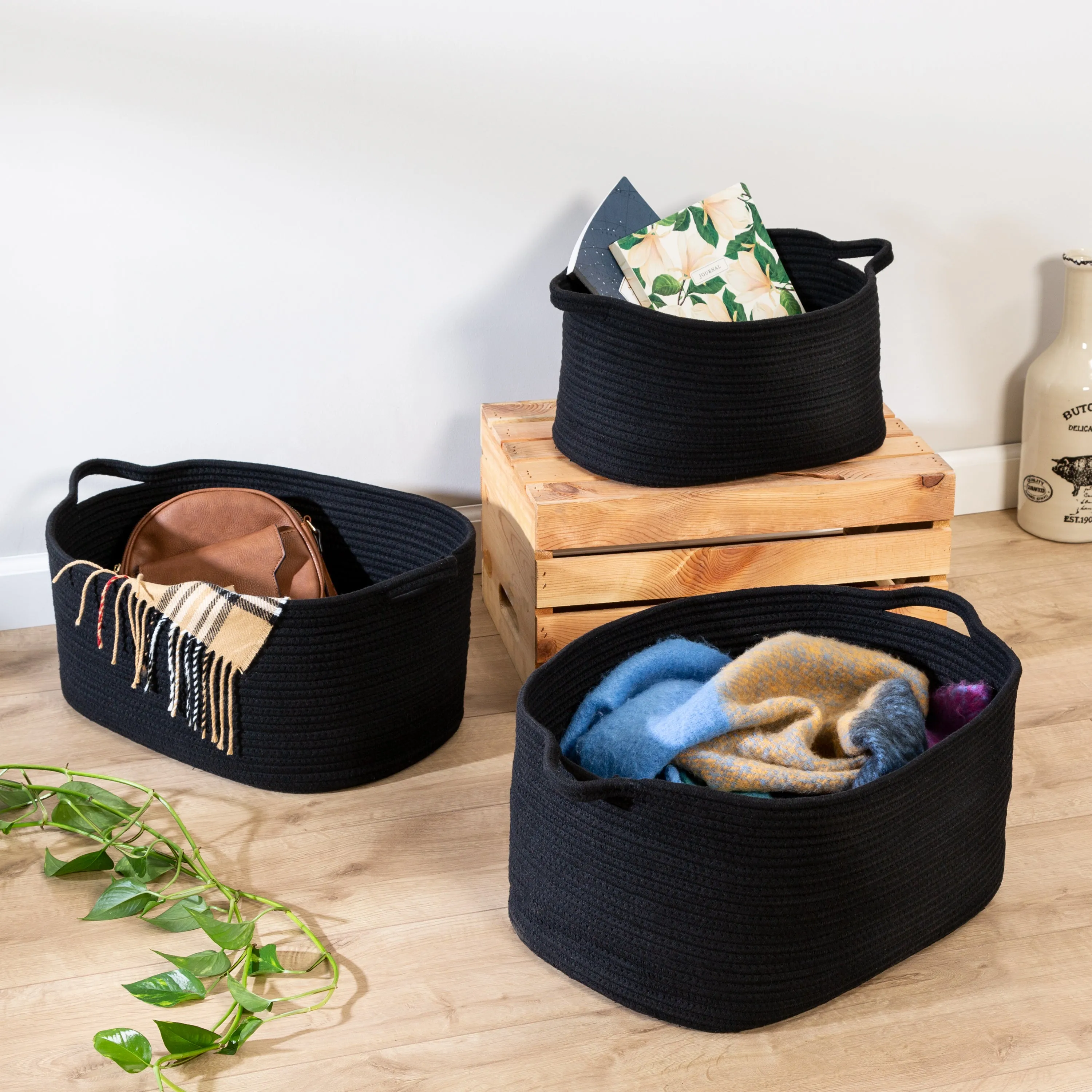 Black Cotton Cord Nesting Baskets with Handles (Set of 3)