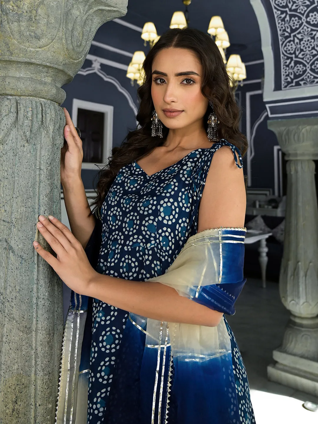 Blue Printed Anarkali Muslin Shoulder Stripe Kurta Trouser With Dupatta Set