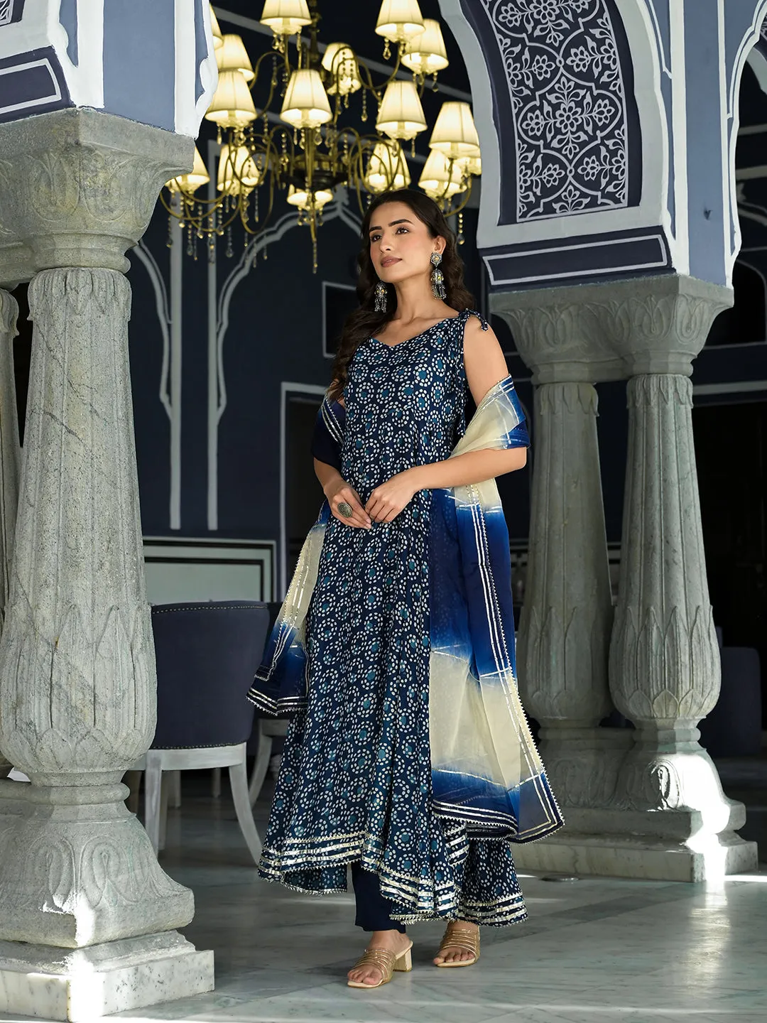 Blue Printed Anarkali Muslin Shoulder Stripe Kurta Trouser With Dupatta Set