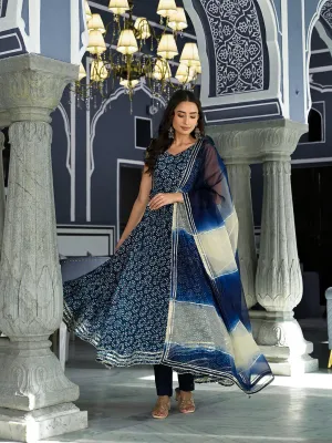 Blue Printed Anarkali Muslin Shoulder Stripe Kurta Trouser With Dupatta Set