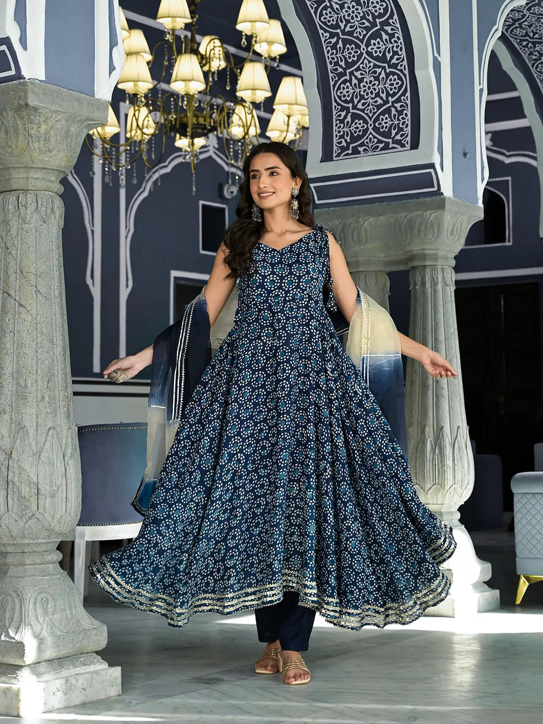 Blue Printed Anarkali Muslin Shoulder Stripe Kurta Trouser With Dupatta Set