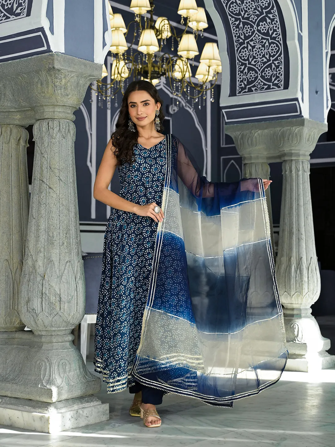 Blue Printed Anarkali Muslin Shoulder Stripe Kurta Trouser With Dupatta Set