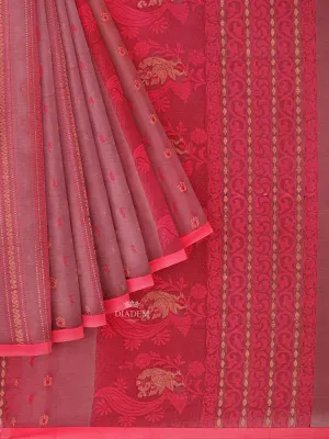 Burgundy Semi Tussar Silk Saree with Floral Prints on the body and Thread Border