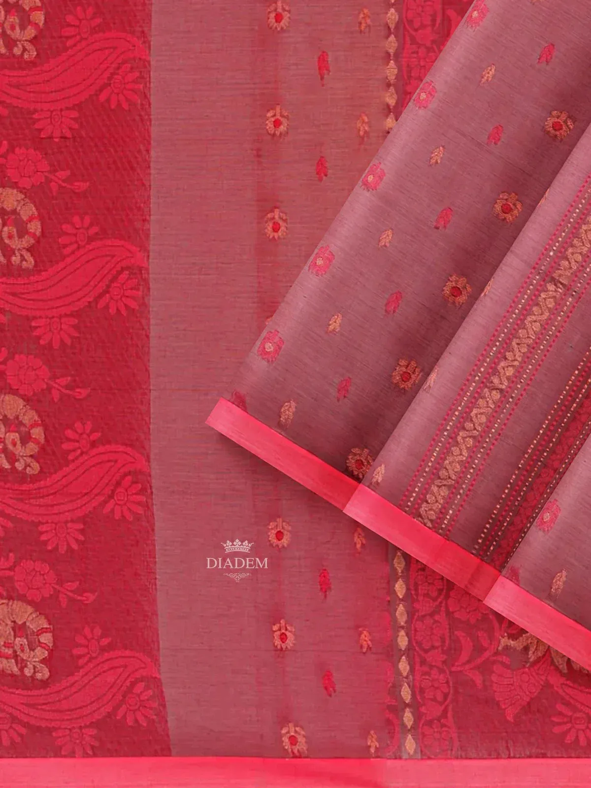 Burgundy Semi Tussar Silk Saree with Floral Prints on the body and Thread Border