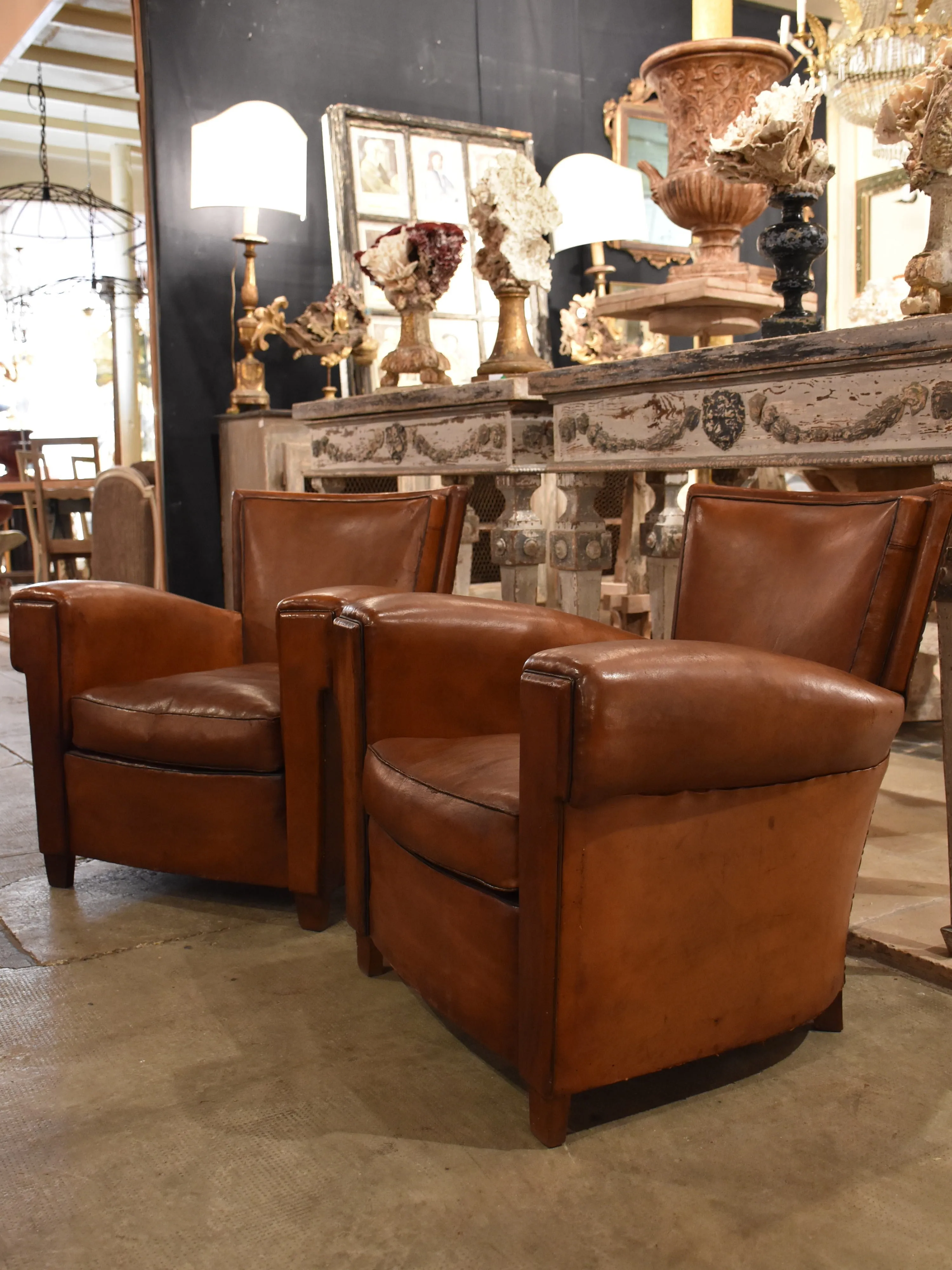 Club chairs, leather, 1930s-style French - pair