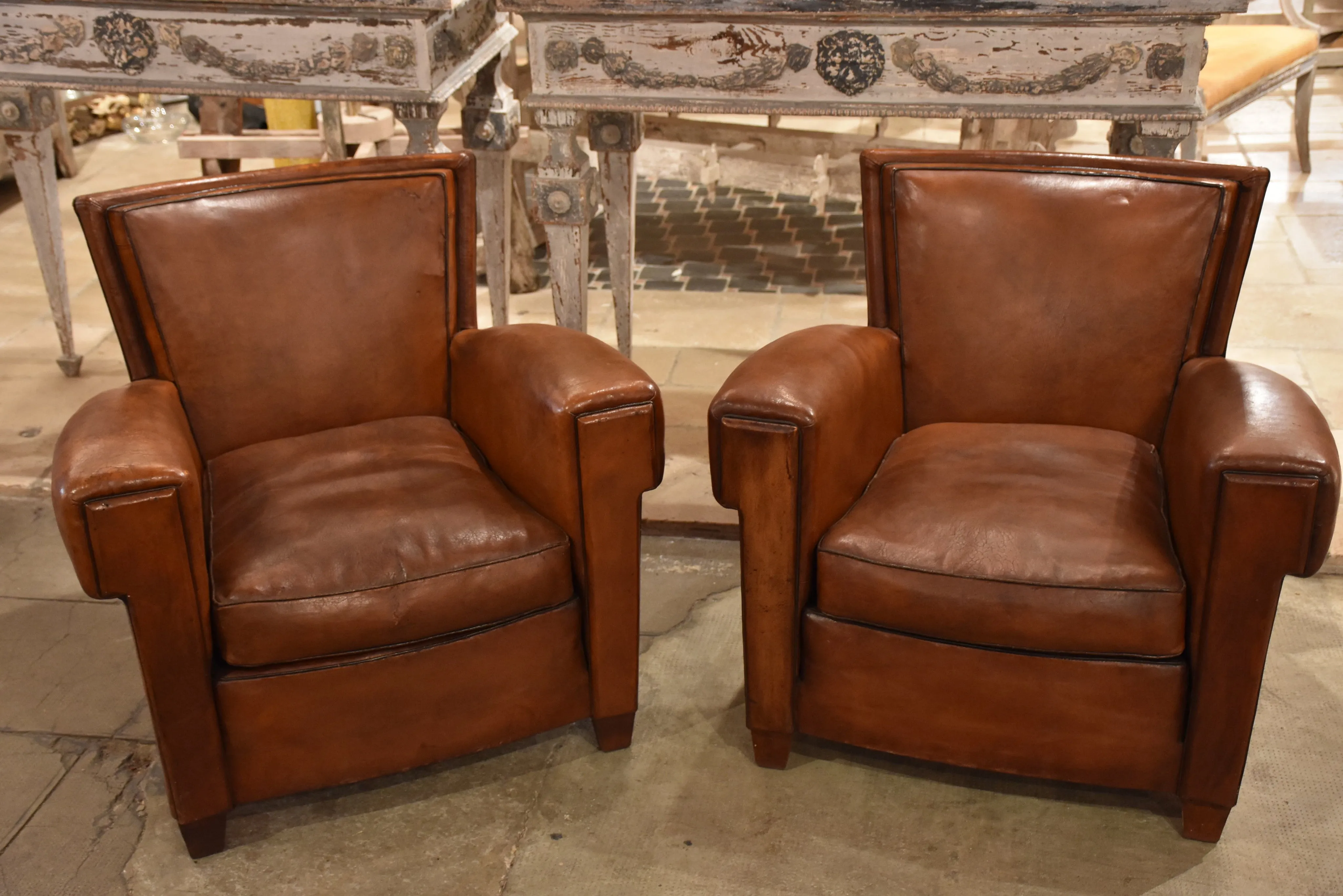 Club chairs, leather, 1930s-style French - pair