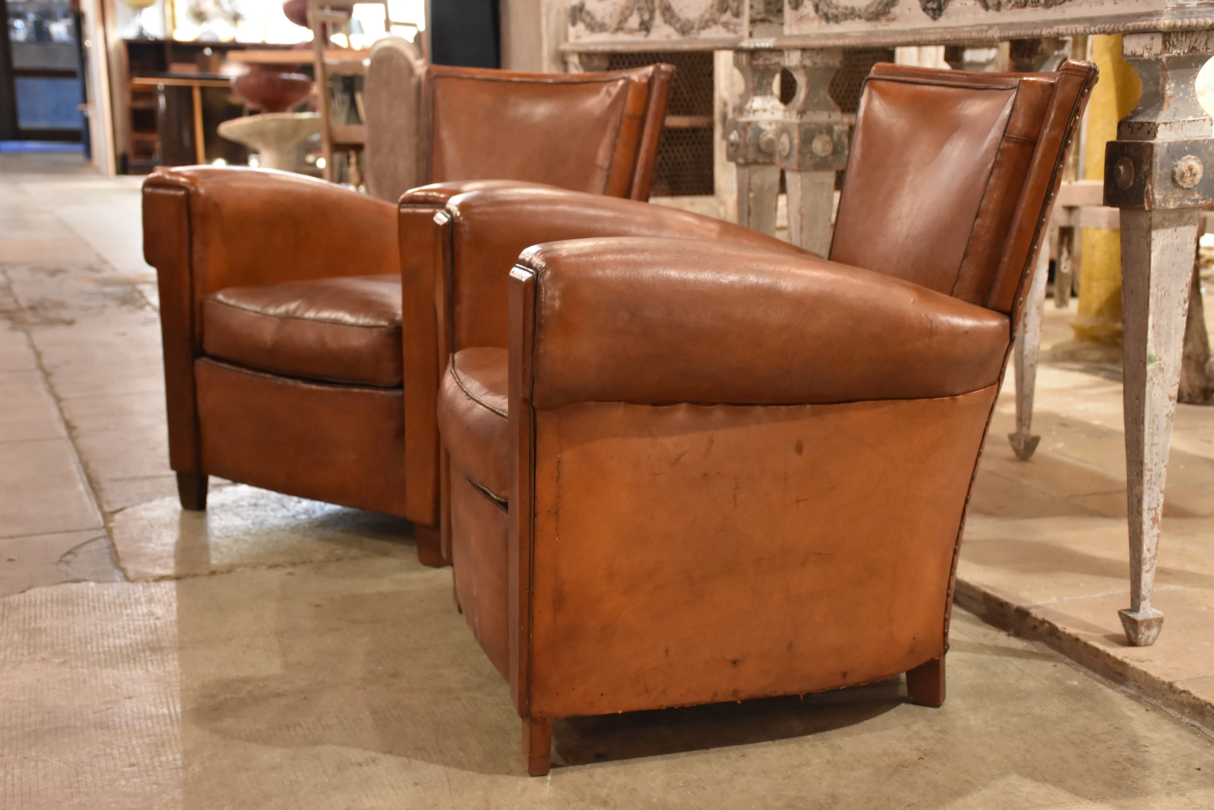 Club chairs, leather, 1930s-style French - pair