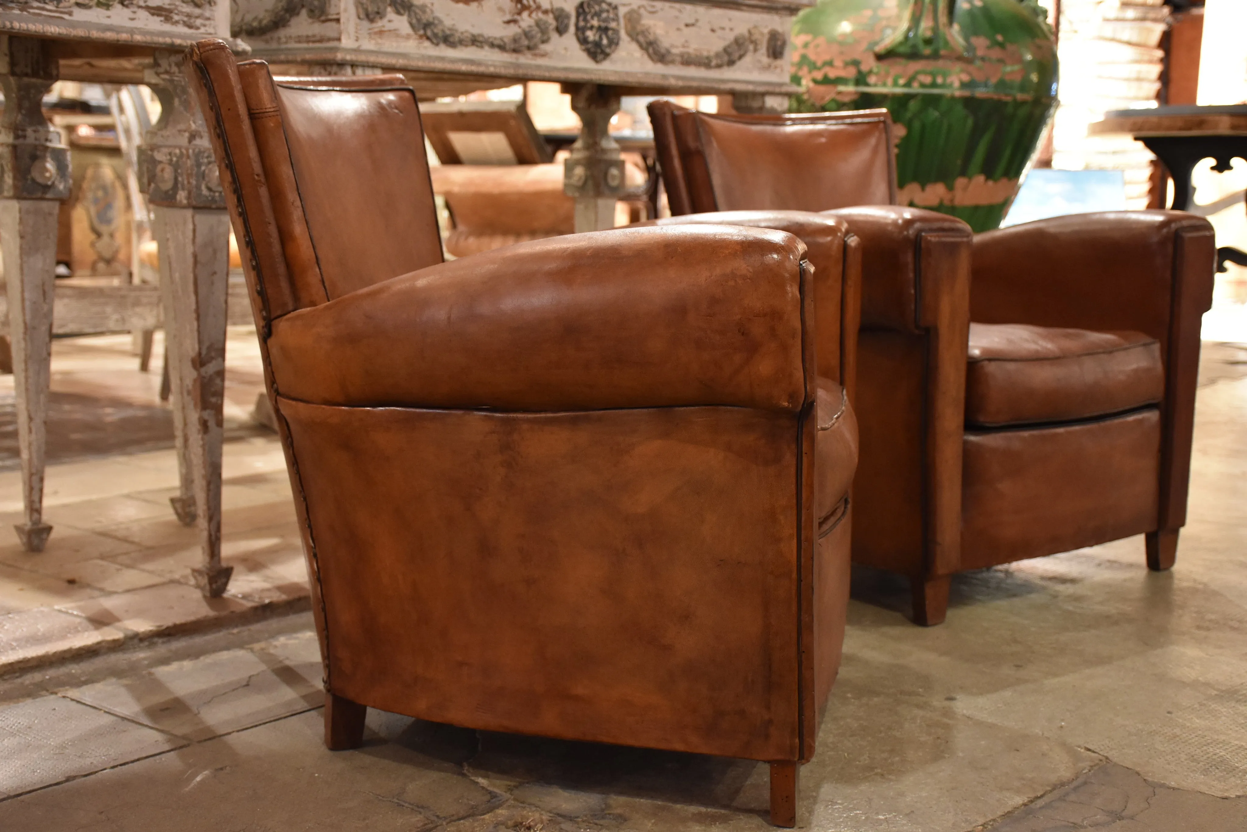 Club chairs, leather, 1930s-style French - pair