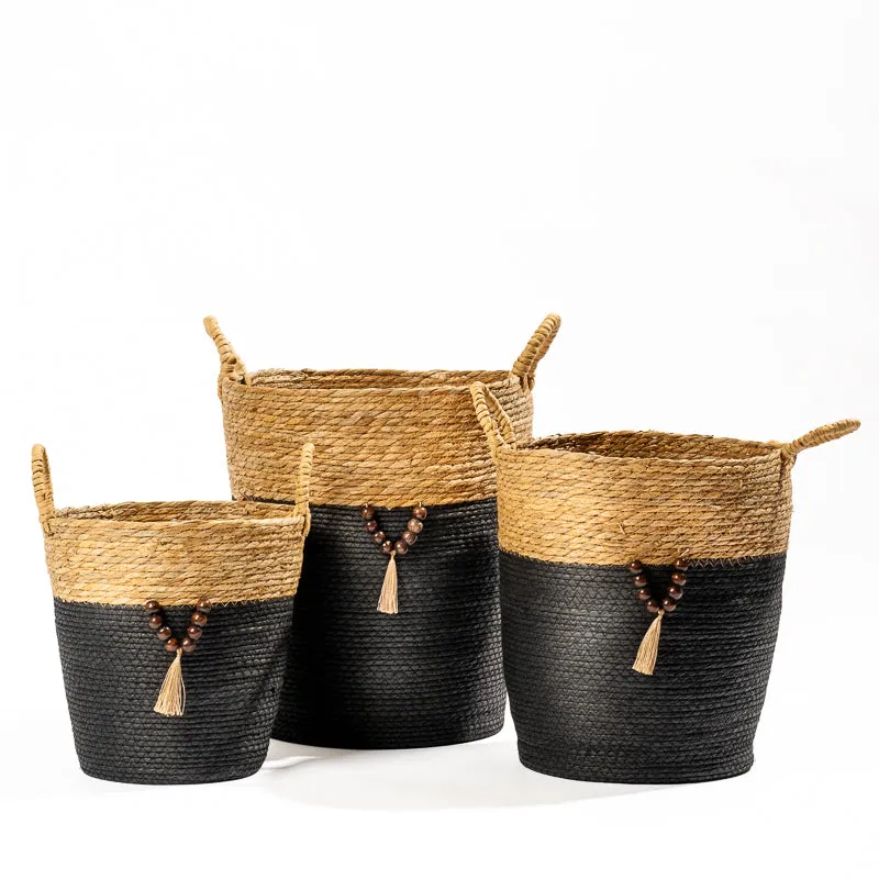 Conical Bulrush & Paper Basket - Black