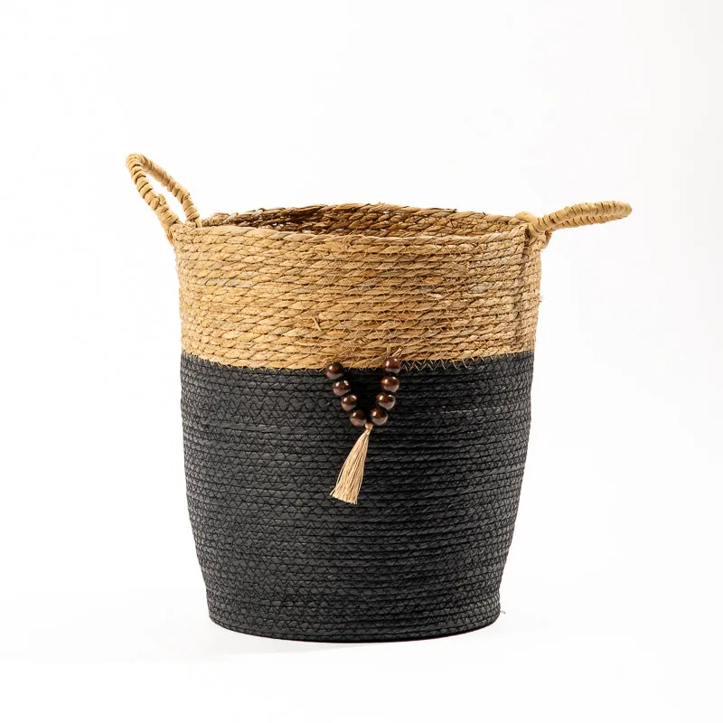 Conical Bulrush & Paper Basket - Black