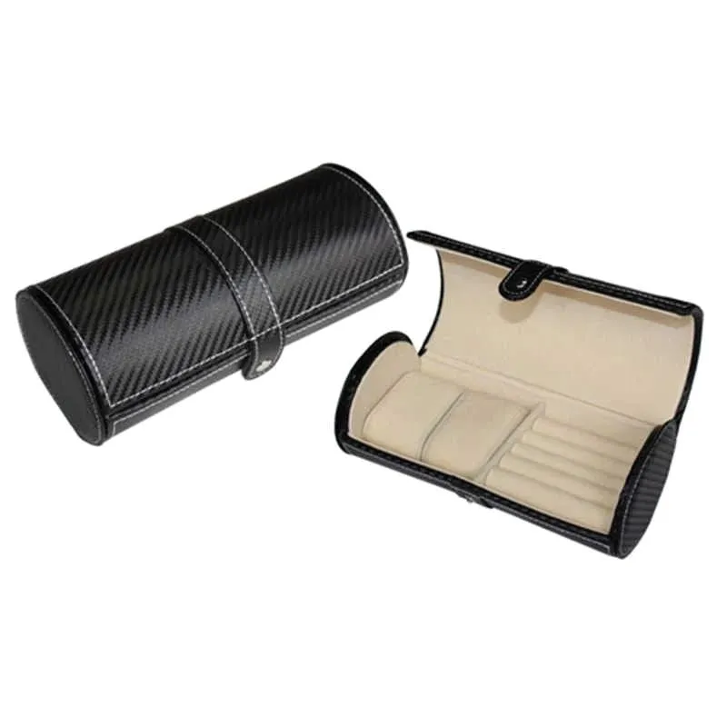 Cufflinks and Watch Roll Case in Black Carbon Fibre Vegan Leather