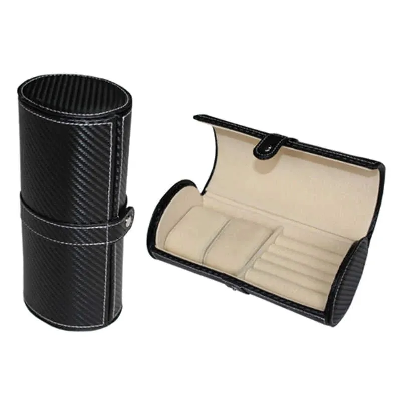 Cufflinks and Watch Roll Case in Black Carbon Fibre Vegan Leather