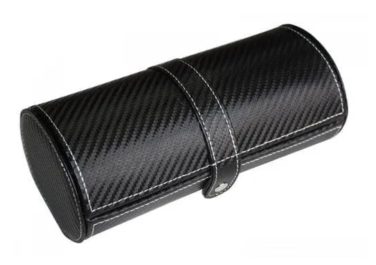 Cufflinks and Watch Roll Case in Black Carbon Fibre Vegan Leather