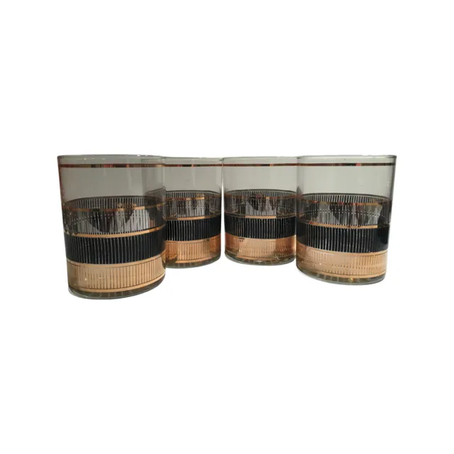 Culver Signed Mid-Century Silver, Black and Gold Double Old Fashion Glasses (Set of 4)