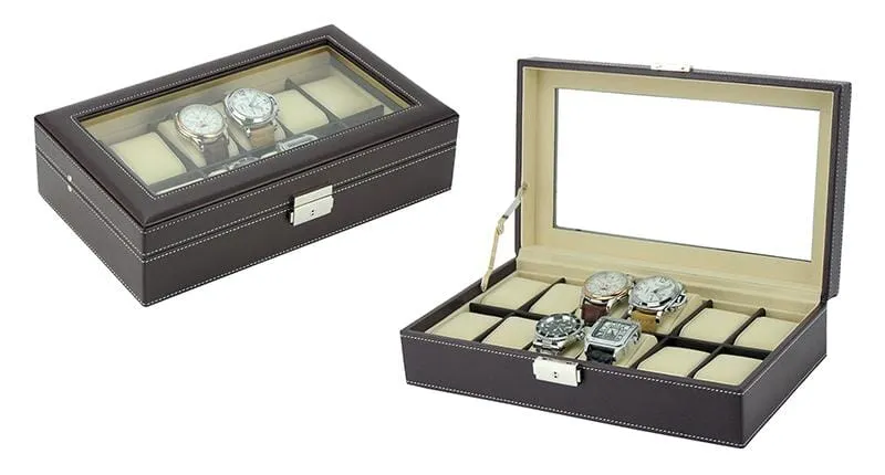 Dark Brown Leather Watch Box for 12 Watches