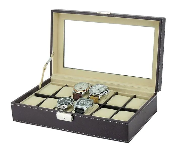 Dark Brown Leather Watch Box for 12 Watches