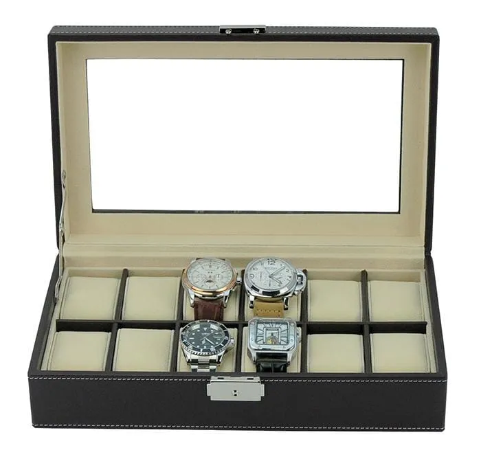 Dark Brown Leather Watch Box for 12 Watches