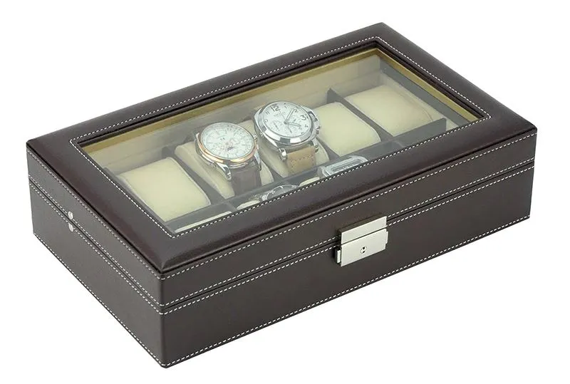 Dark Brown Leather Watch Box for 12 Watches