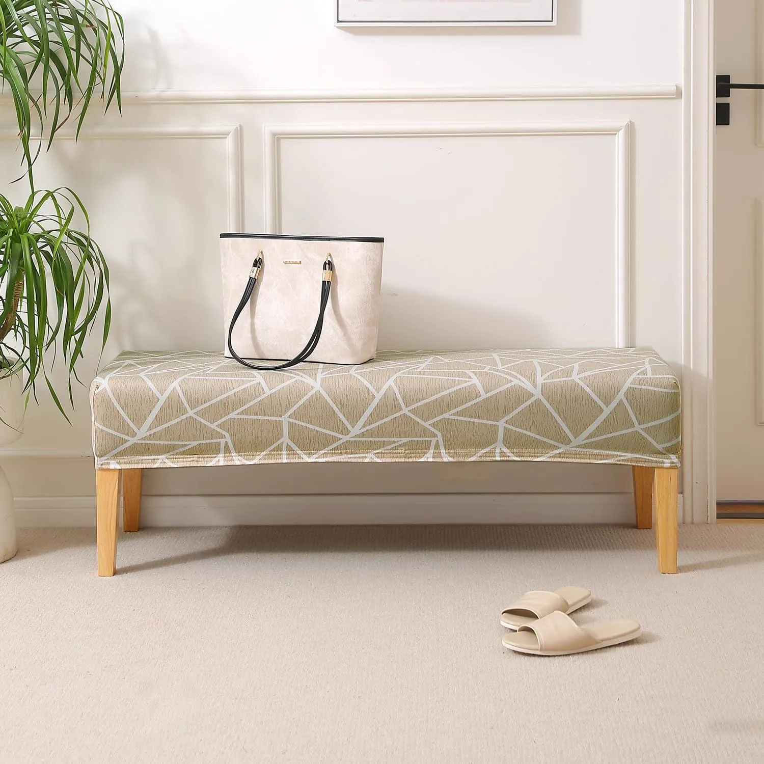 Elastic Printed Dining Bench Stretchable Slipcover, Beige Abstract Geometry