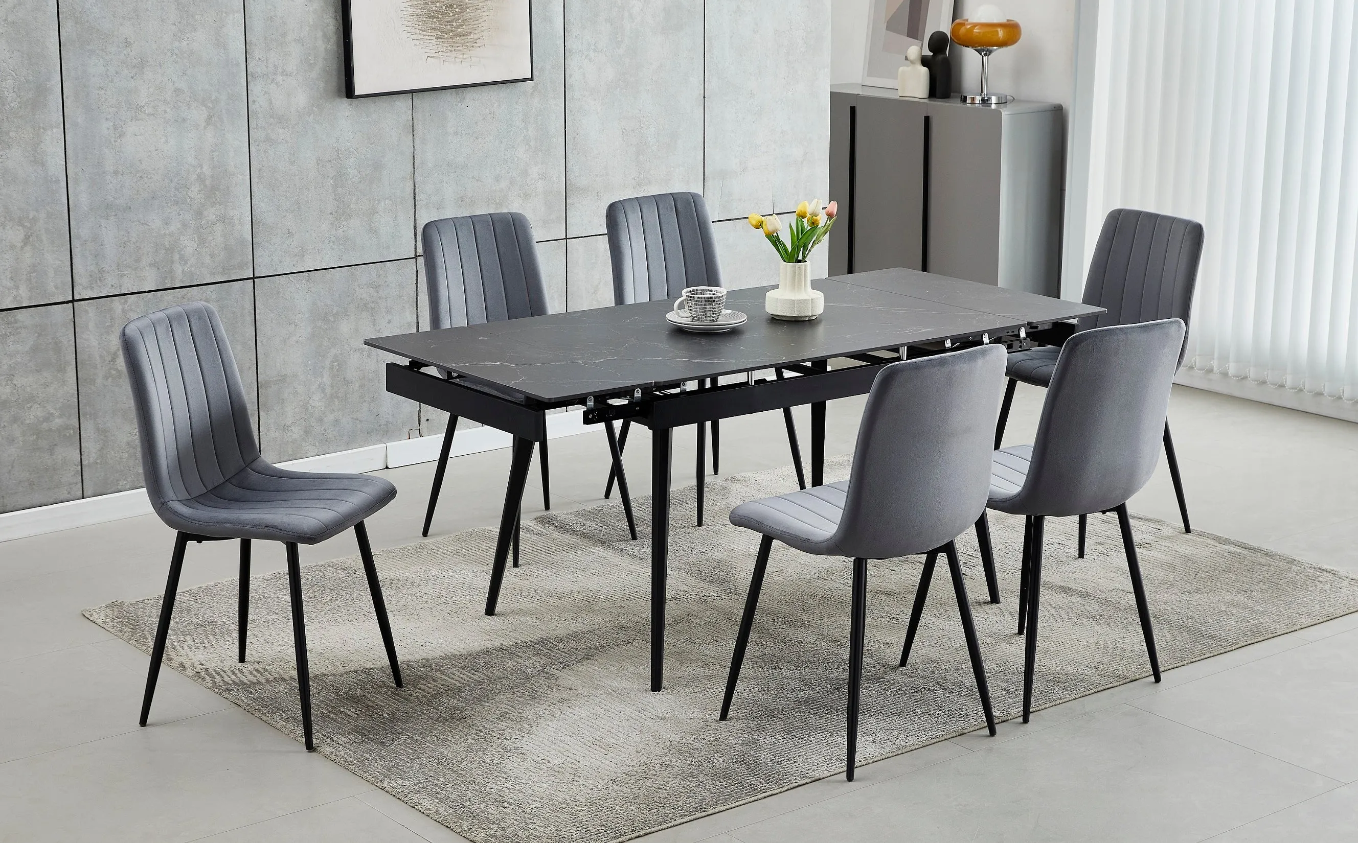 Extendable Sintered Stone Marble Dining Set in Dark Grey Velvet