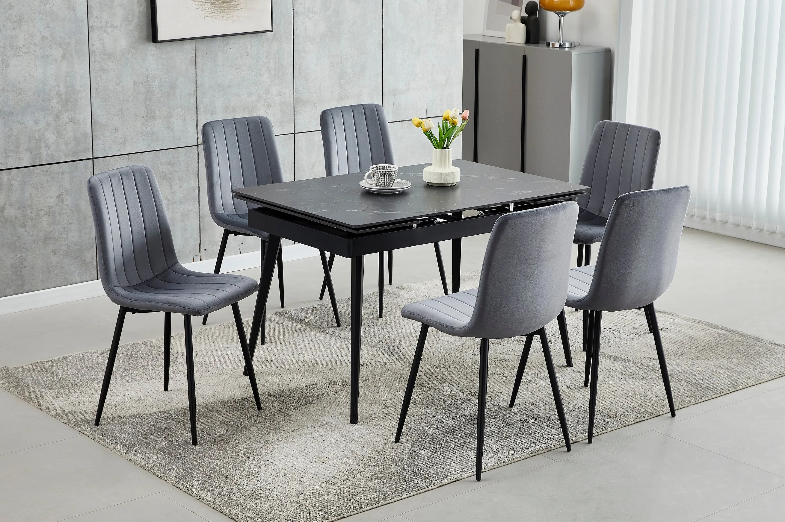 Extendable Sintered Stone Marble Dining Set in Dark Grey Velvet