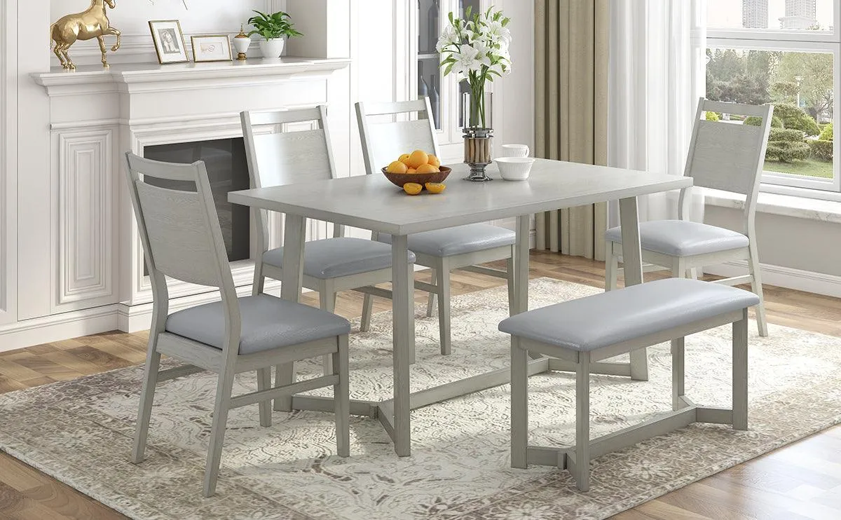 Farmhouse 6-Piece Wood Dining Table Set with 4 Upholstered Chairs & Bench, Gray