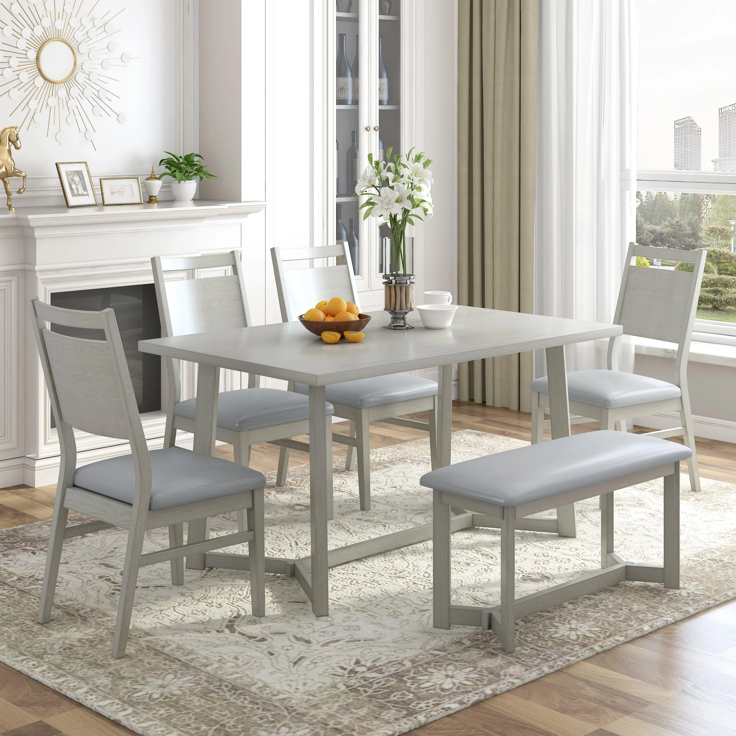 Farmhouse 6-Piece Wood Dining Table Set with 4 Upholstered Chairs & Bench, Gray