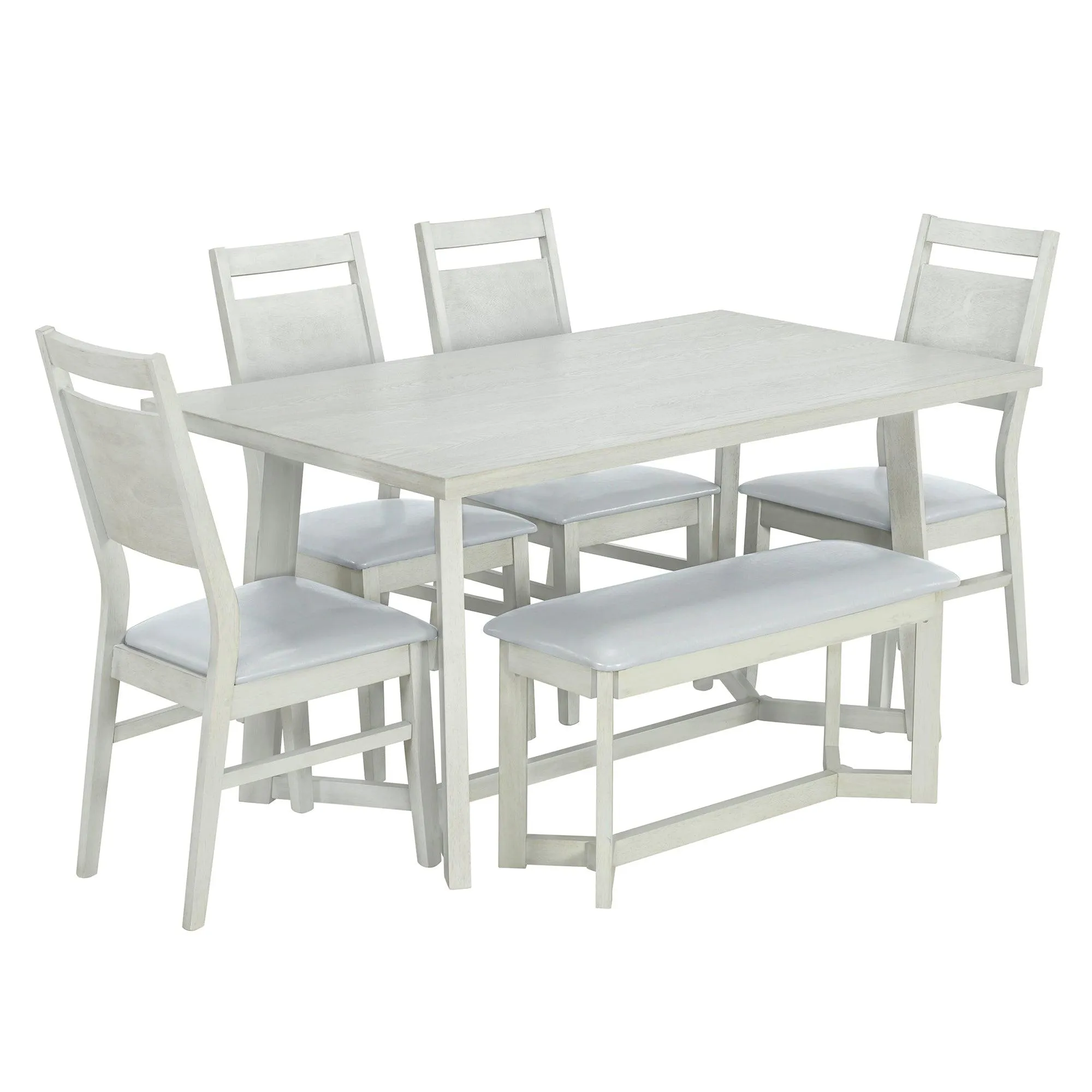 Farmhouse 6-Piece Wood Dining Table Set with 4 Upholstered Chairs & Bench, Gray