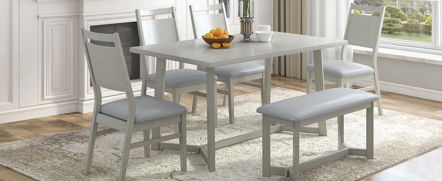 Farmhouse 6-Piece Wood Dining Table Set with 4 Upholstered Chairs & Bench, Gray