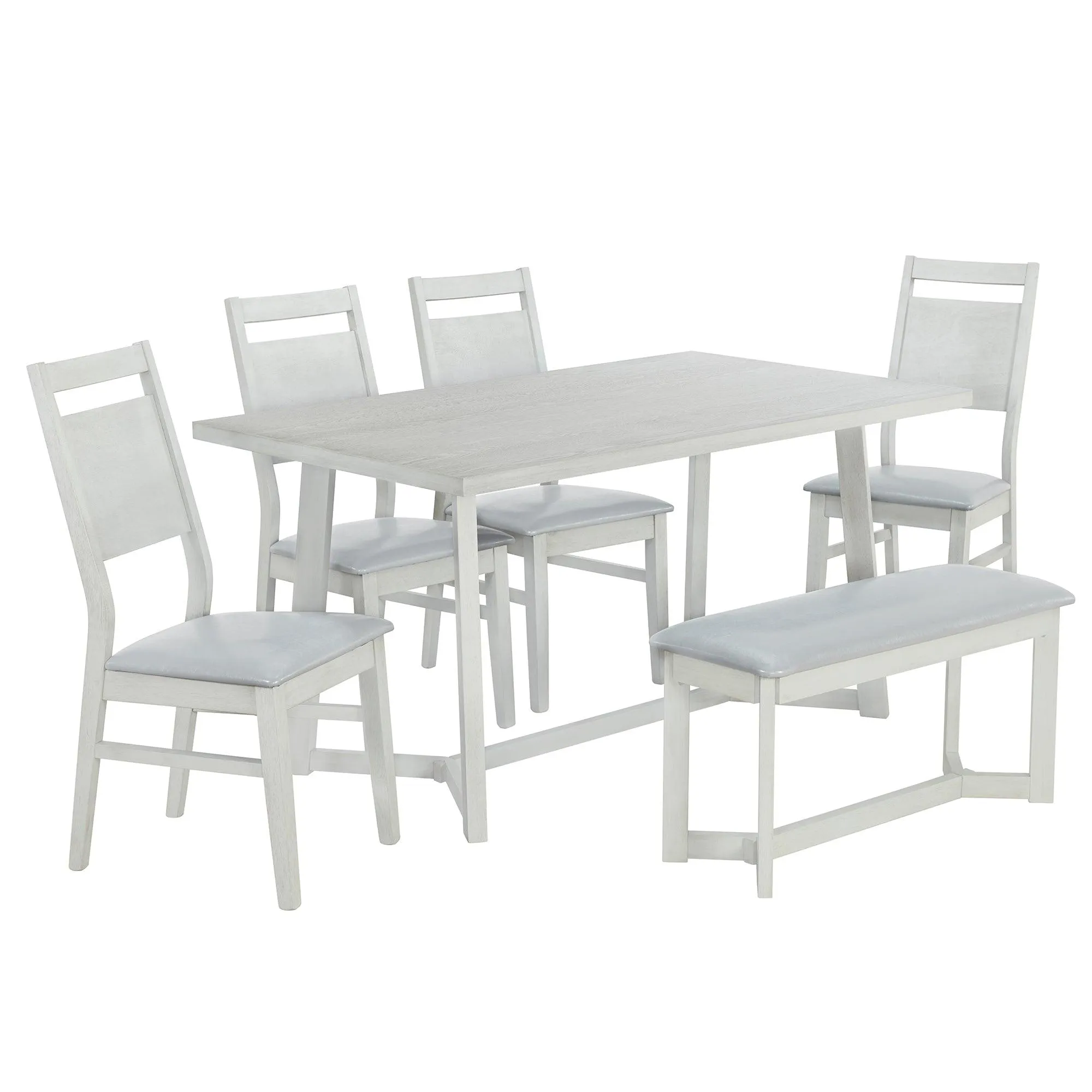 Farmhouse 6-Piece Wood Dining Table Set with 4 Upholstered Chairs & Bench, Gray