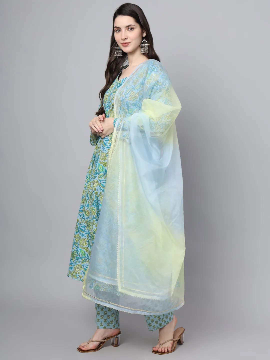 Floral Printed Sky Blue Cotton Anarkali Kurta Pant Dupatta Set